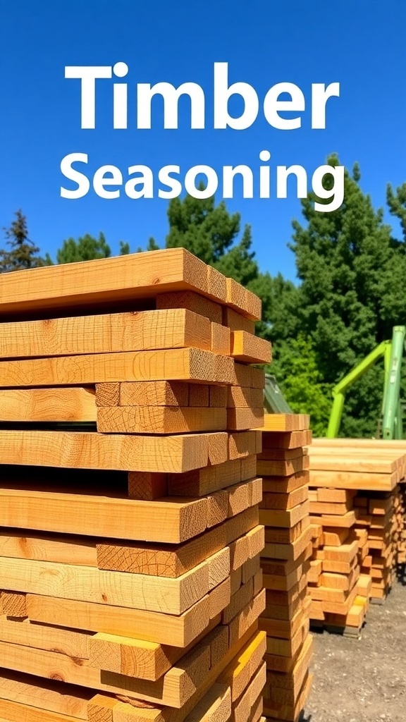 Stack of timber boards drying in the sun with a clear sky.